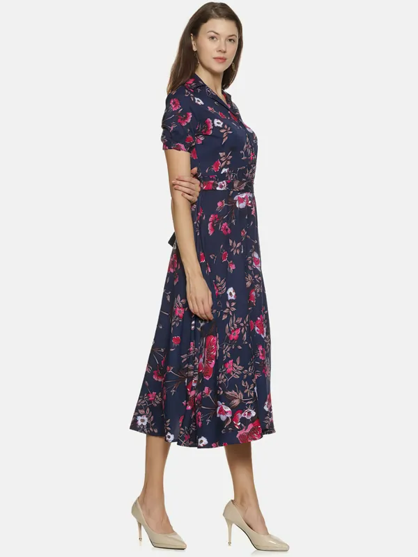 Navy_Blue_&_Pink_Floral_Printed_Shirt_Collar,Puff_Sleeves_Maxi_Dress